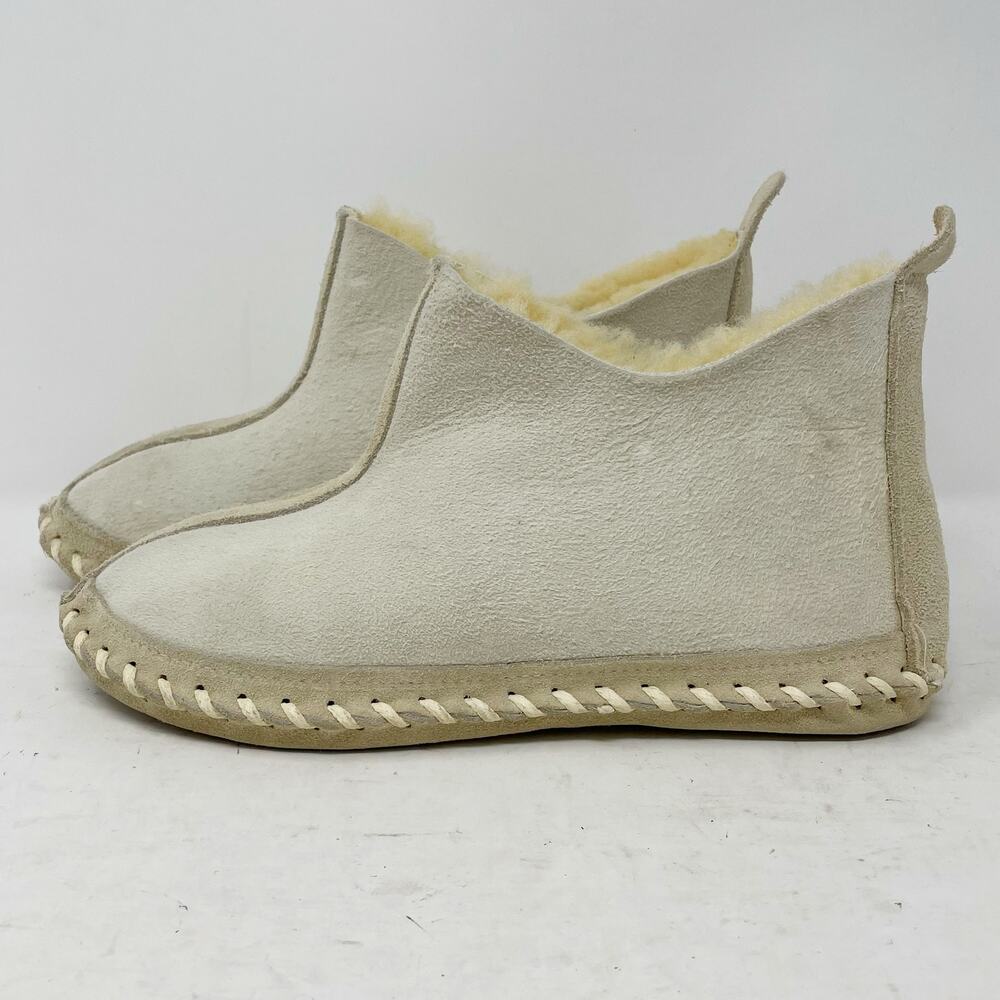 Vintage Cream Suede Shearling Fleece Whipstitch Booties Moccasins Womens 6